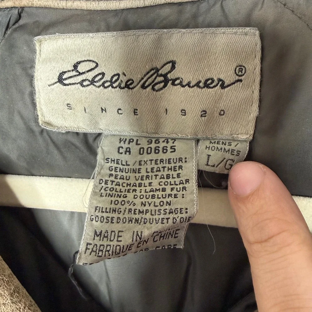 Eddie Bauer Mens Distressed Leather Bomber‎ Jacket Goose Down Quilted Brown L/G